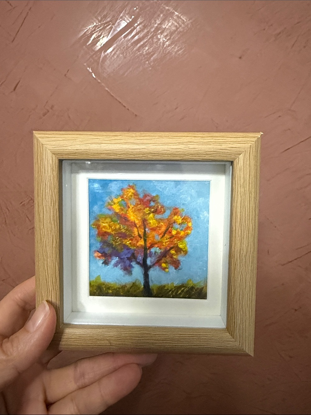 Mini Autumn Tree Wall Art in Orange & Blue - Small Framed Painting